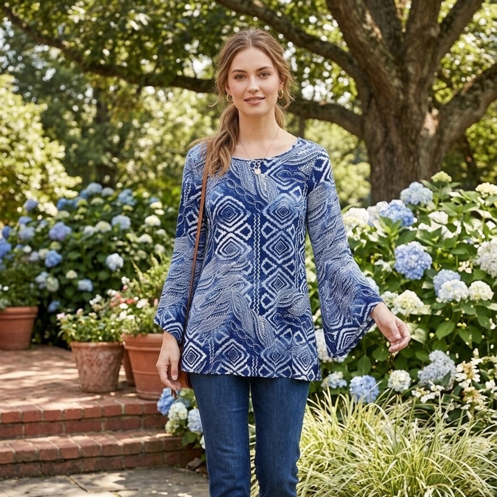 Cocomo Navy & Light Blue Bell-Sleeve Tunic Top